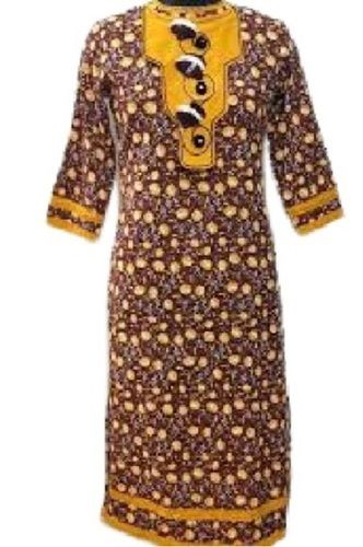 Ladies Brown With Yellow Printed Full Sleeve Cotton Kurtis Bust Size: 42 Inch (In)