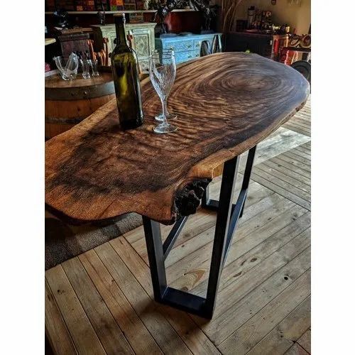 Mild Steel Frame Polished Wooden Live Edge Bar Table