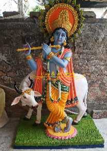 5.8 Feet Long Handmade Krishna With Cow Statue For Temple Decor