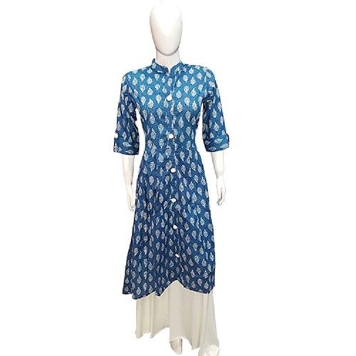 Navy Blue With White Lightweight Causal Wear 3/4 Th Sleeve Printed Cotton Kurti For Ladies 