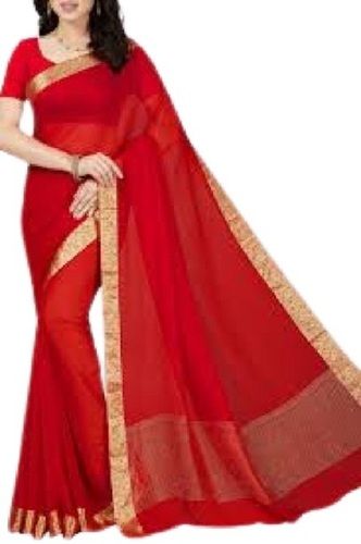 Red Plain Pattern Multi Color Zari Border Party Wear Chiffon Saree