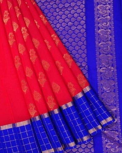 Blue With Red Multi Color Printed Pattern Party Wear Ladies Silk Saree