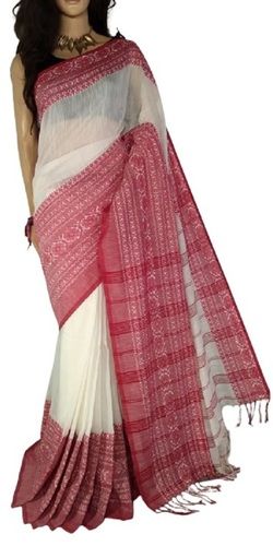 White With Red Multi Color Casual Wear Printed Pattern Pure Cotton Ladies Sarees