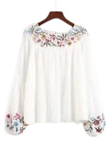 White Round Neck Full Sleeves Printed Pattern Casual Wear Ladies Tops