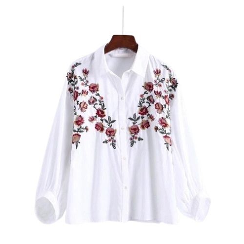 White Collar Neck Printed Pattern Chiffon Fabric Party Wear Ladies Tops