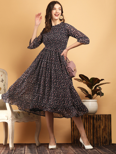 Georgette Print Dress With Waist Elastic and Astar Print