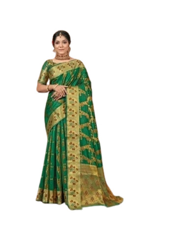 Green Golden Jacquard Printed Banarasi Saree With Blouse Piece