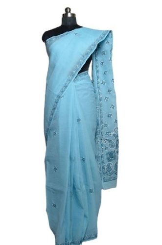 Ladies Sky Blue Printed Casual Wear Cotton Saree