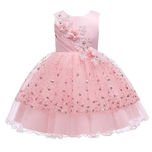 Breathable Girls Embroidered Sleeveless Pink Party Wear Kids Frock