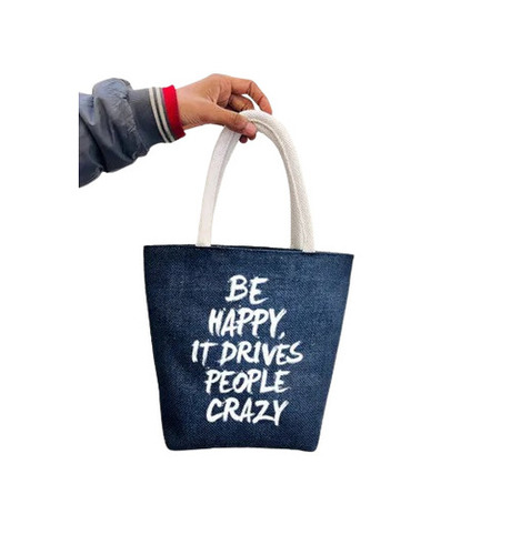 Printed Jute Bag - Large Capacity 10x12x4 inches, Navy Blue, Eco-Friendly Design with Hand Length Handle - Washable, Reusable, Lightweight, Customizable