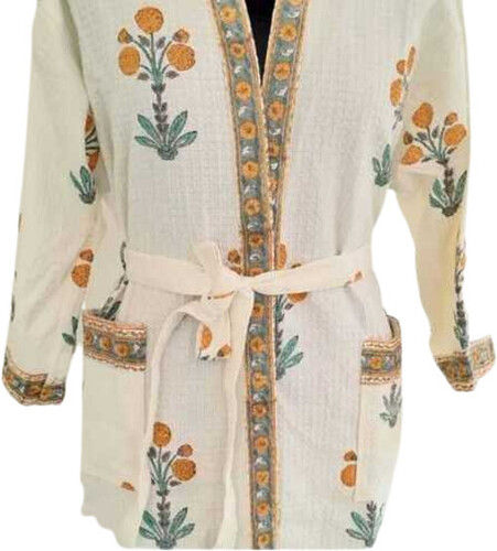 Hand Block Printed Luxurious Cotton Bathrobes Belt Size: Free