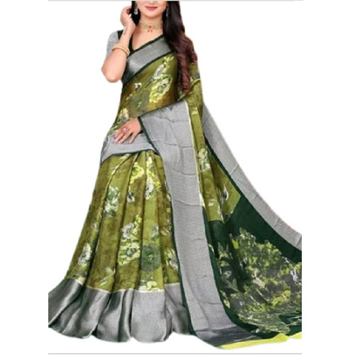 Big Border Printed Chiffon Saree - Color: Green