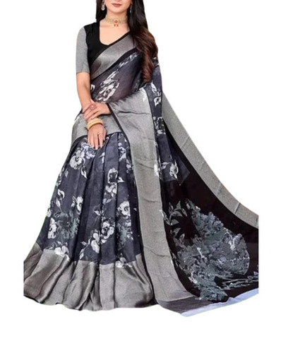 Machine Wash Printed Chiffon Saree - Color: Black