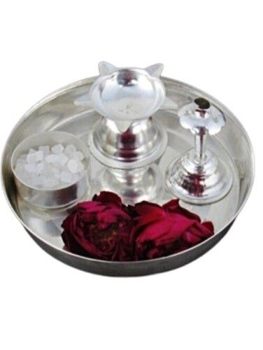 Metal Round Shape Silver Pooja Thali