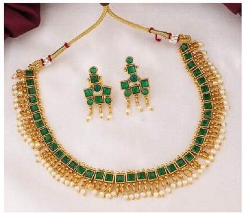 Gold Plated Green Ruby and Pearl Necklace Set