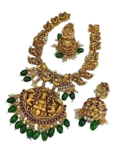 Lakshmi Antique Jewellery Necklace Set with Green Stone