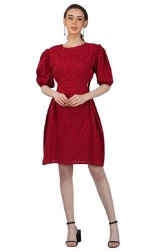 Cotton Eyelet Dress For Women With 3/4 Sleeves And Round Neck Pink