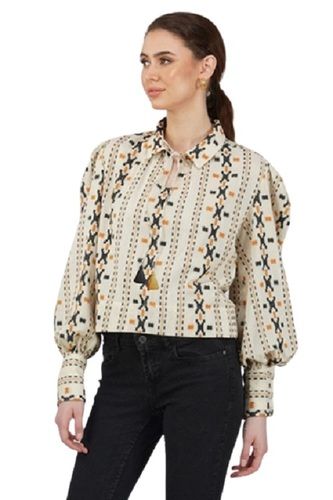 Indian Womens White Ikat Full Sleeves Blouson Blouse