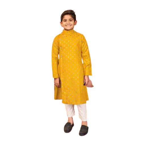 Mustard Yellow Kids Full Sleeves Foil Print Butti Pocket Button Closure Pure Cotton Kids Kurta Pajama