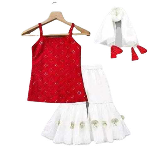 Girls Ethnic Wear Red And White Printed Cotton Sharara Set Age Group: 6-12 Years