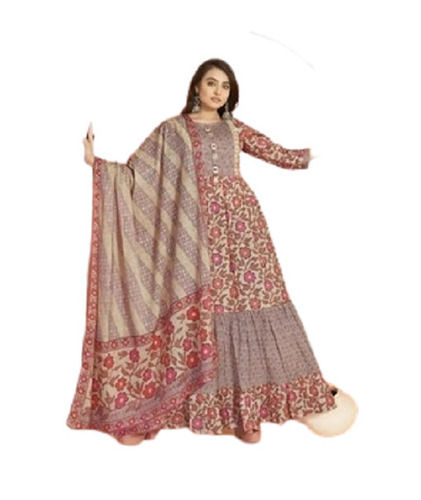 Stainless Steel Party Wear Round Neck Long Sleeves Ladies Printed Cotton Anarkali Suit