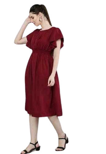 Maroon Short Sleeves And Round Neck One Piece Western Dresses For Ladies