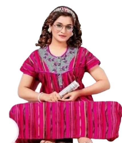 Printed Night Gown - Cotton Material Available in All Sizes Multicolor with Pink Accents | Ideal for Women in Rainy Spring and Summer Seasons