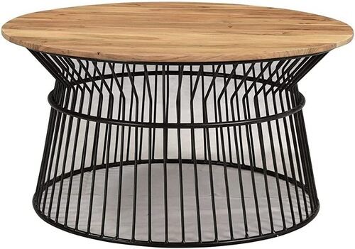 Acacia Wooden Top Black Coated Round Centre Iron Coffee Table No Assembly Required