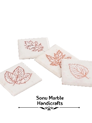 Handmade Marble Tea Coaster Set - 4x4 Square , White Leaf Design with Smooth Finish, Durable and Heat-Resistant