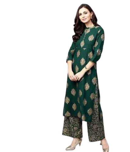 Women Green Block Printed Kurti Pajama Set