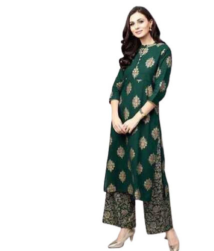 Washable Women Green Block Printed Kurti Pajama Set