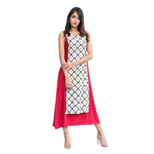 Round Neck Printed Pattern Sleepless Ladies Rayon Kurti