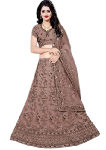 Brown Multi Color Embroidery Work Chanderi Party Wear Lehenga