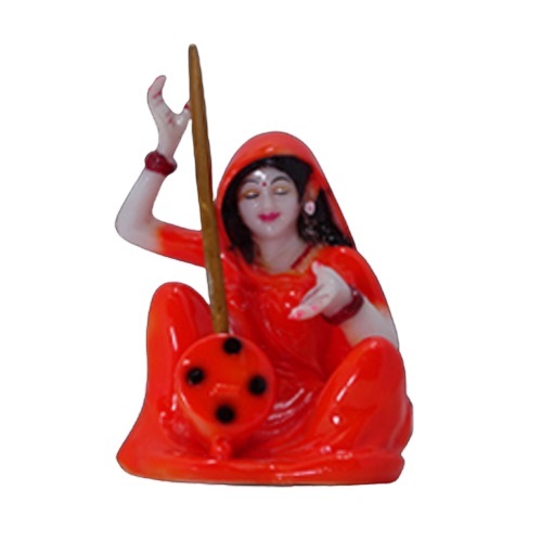 Meera Bai Marble Idol Decorative Piece - Pure Marble Dust & Resin 4x5 Inches | Orange Painted Music Theme for Home Office and Temple Decoration
