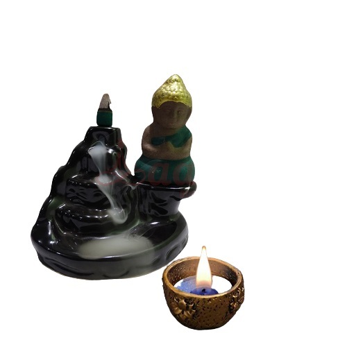 Black New Ceramic Step With Baby Monk Back Flow Smoke Fountain