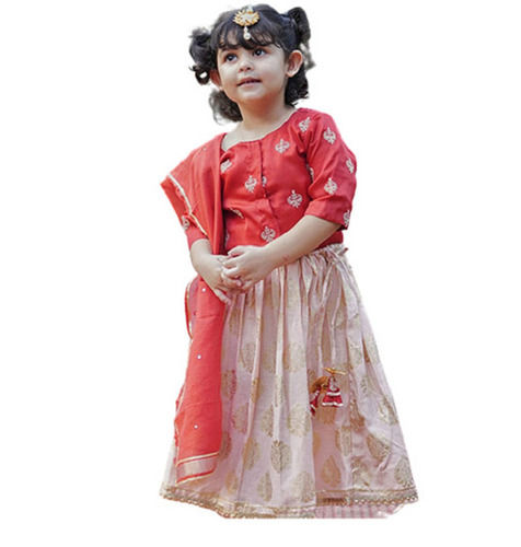 Party Wear Short Sleeve Printed Breathable Traditional Kids Lehenga Choli