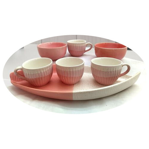 Ceramic Platter With 4 Tea Cups And 2 Bowls Combo Size: 325Ml