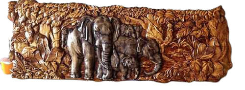 Polished Lightweight Rectangular Tabletop Decorative 3D Elephant Wooden Carving Work