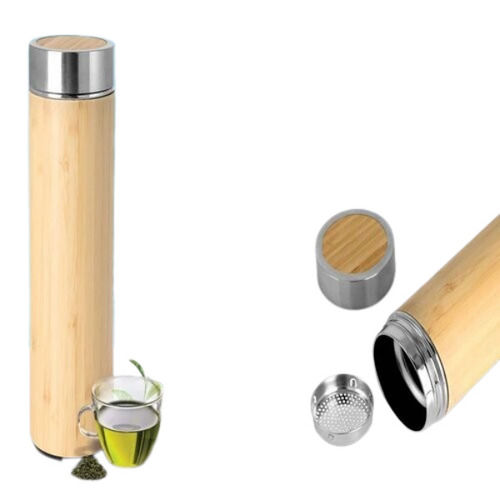 Stainless Steel Bamboo Vacuum Flask With Tea Strainer - Capacity 500ml Approx