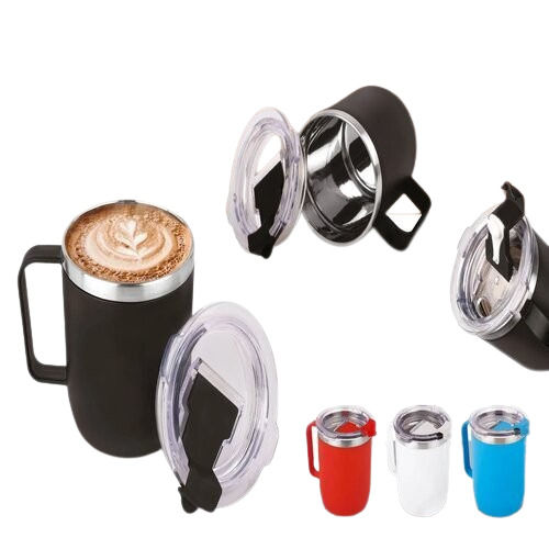 Stainless Steel Coffee Mug With Handle And Premium Clear Cap With Flip Top Lid - Capacity 350Ml Approx Size: 11 X 11 X 9.2