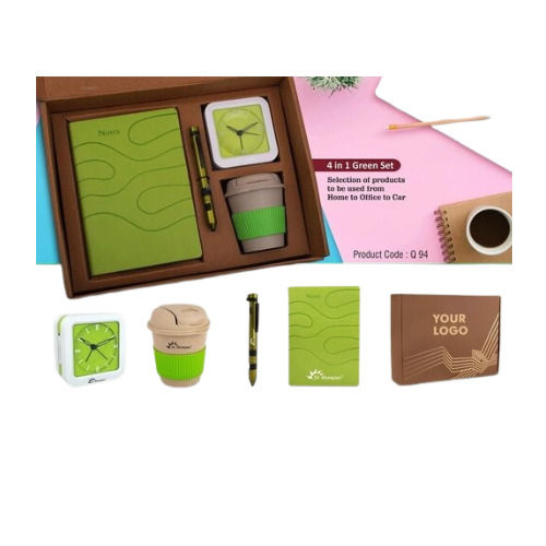 4 In 1 Green Gift Set Bamboo Coffee Mug 6 In 1 Military Pen Glow Clock And A5 PU Notebook