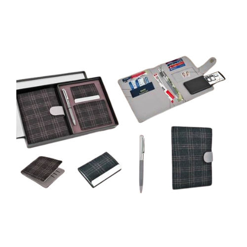 Tweed Gray Gift Set Of 4 Multi Use Passport Holder Wallet Card Holder Metal Pen