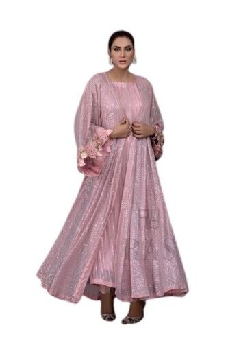 Light Pink Women Fox Georgette Designer Gown With Embroidery Sequence Work