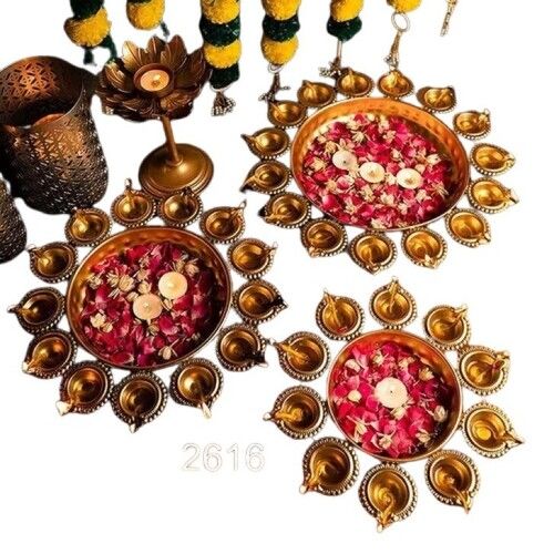 Gold Diya Style Metal Urli Set For Home Decor