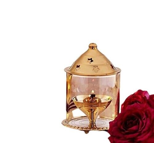 Decorative Brass Akhand Diya With Glass Oil Lamp