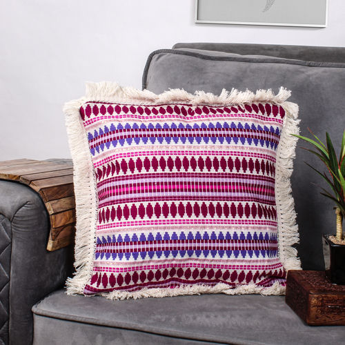 Embroidered Woven Cushion Cover With Lace