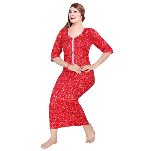 Summer Ladies Printed Red Cotton Night Gown