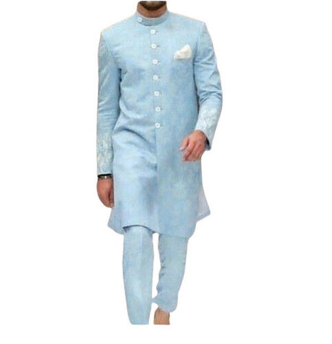 Weddings Sherwani - Customized Full Sleeves in Blue | Anti Wrinkle, Breathable, Embroidered for Summer Comfort