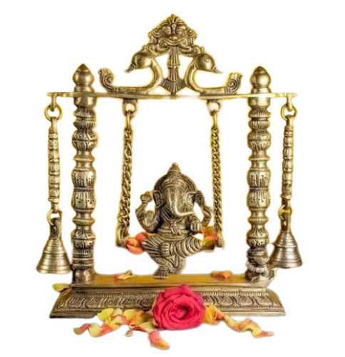 Brass Ganesh Jhula Hanging Bells With Chain And Kirtimukha Idol Ganesha Swing Statue - Finishing: Gold