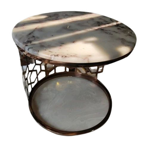 As Shown In The Image Portable Polished Finish Round Center Table With Stainless Steel Frame Marble Top 